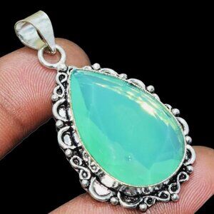 Green Glass Gemstone Teardrop Pendant 2" & 925 Silver Box chain Fashion Necklace